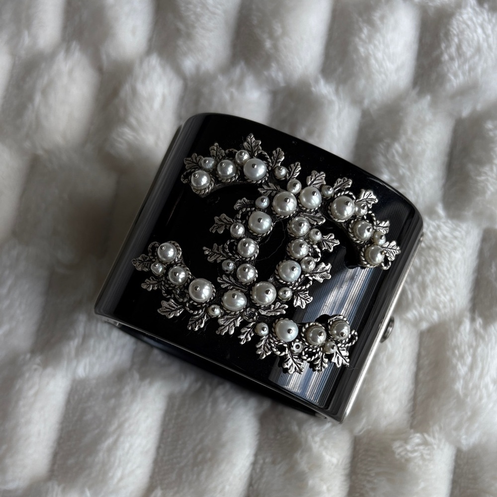 CHANEL Black Cuff with Silver and Pearl Details